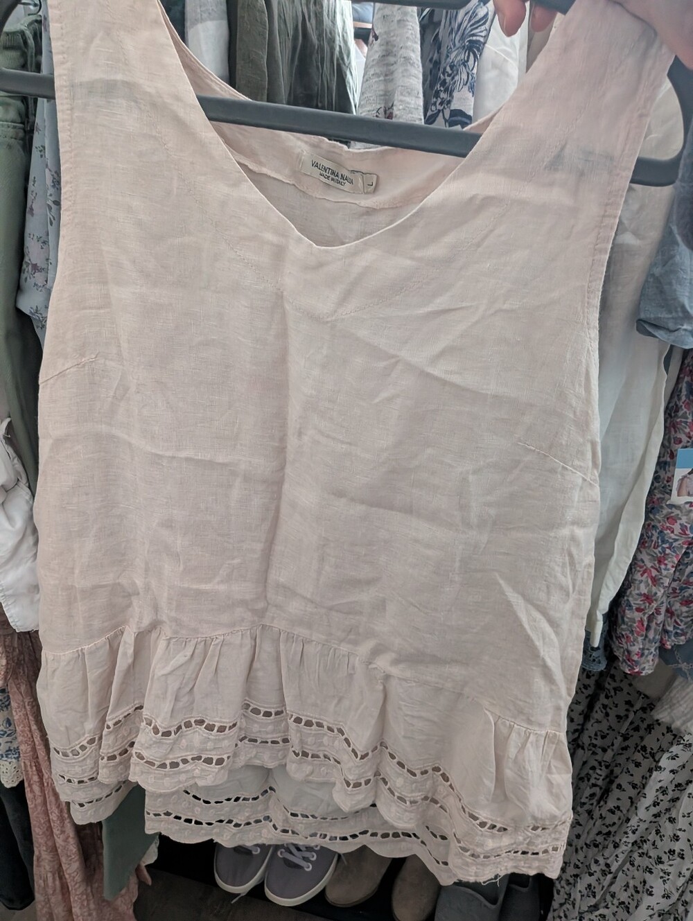 Valentina Nadia Beige 100% Linen Tank Embroidery Eyelet L